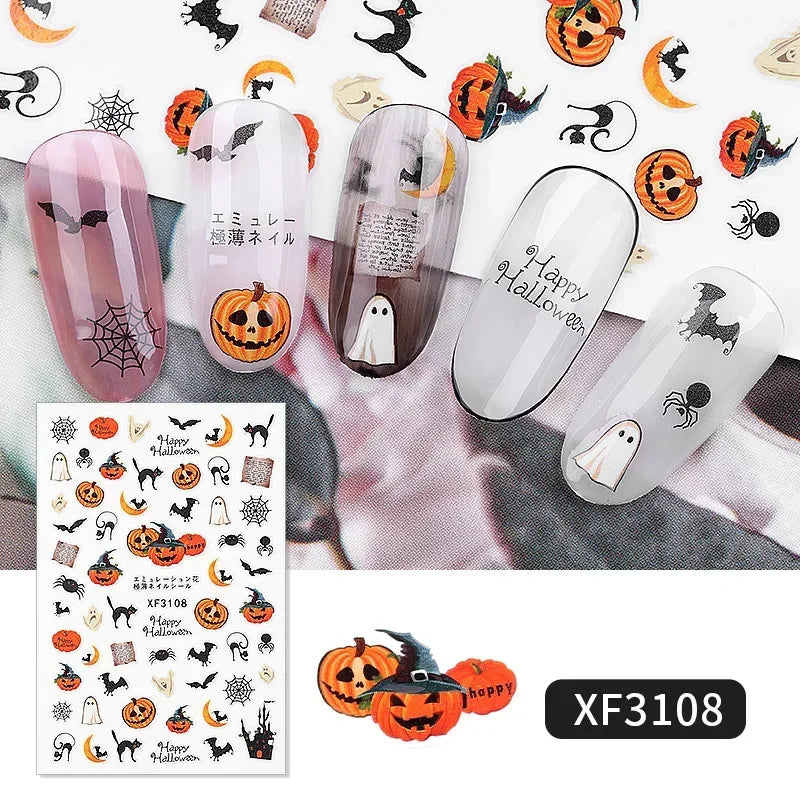 Halloween-themed nail art stickers on a white background with 'Happy Halloween' text.