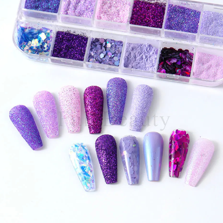 Purple Nail Glitter 12 Grids – Holographic Sugar Powder