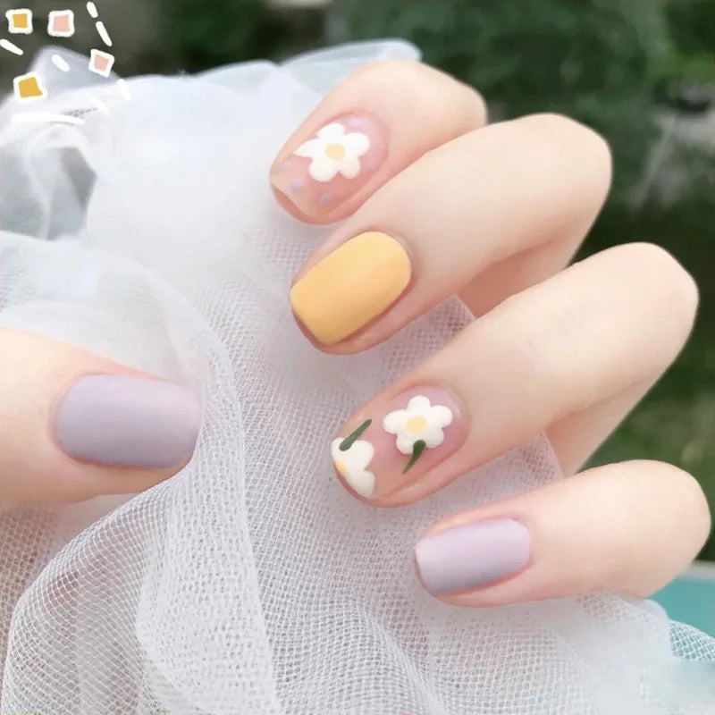 24Pcs Short Almond Press-On Nails – Pink Floral French Tip, Glossy & Elegant
