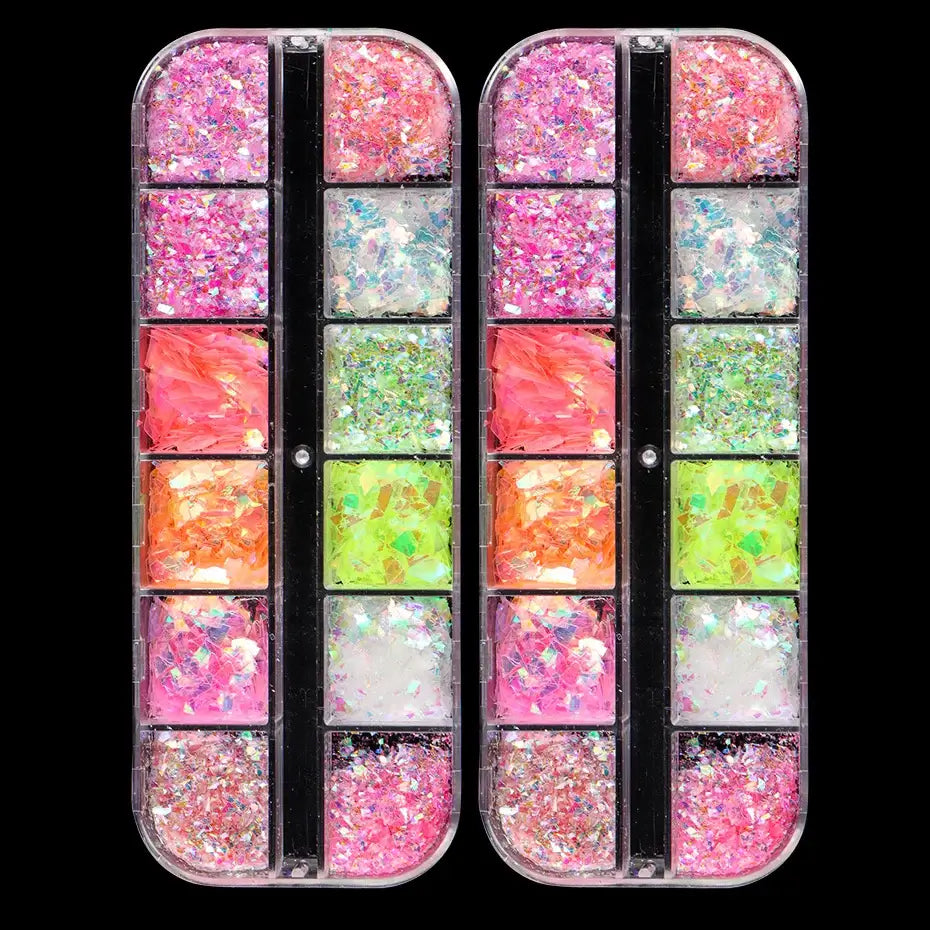 Aurora Chameleon Nail Flakes – 12 Grid Glitter Set