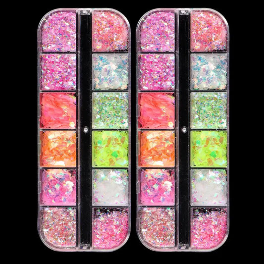 Aurora Chameleon Nail Flakes – 12 Grid Glitter Set