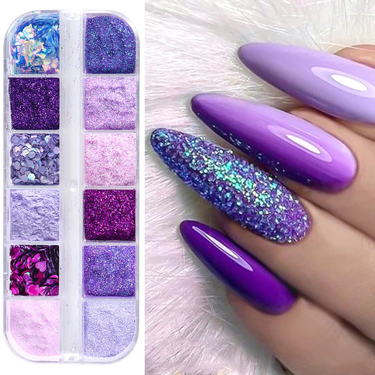 Purple Nail Glitter 12 Grids – Holographic Sugar Powder
