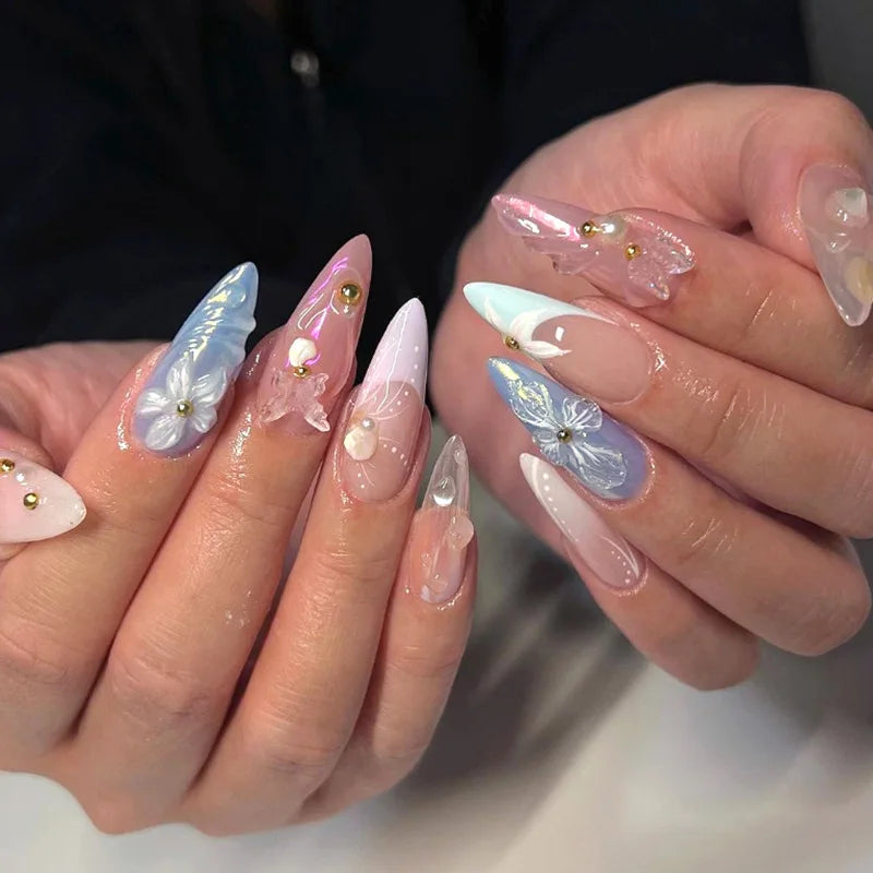 Almond Press On Nails | Long French Pink Bow & Flower Design