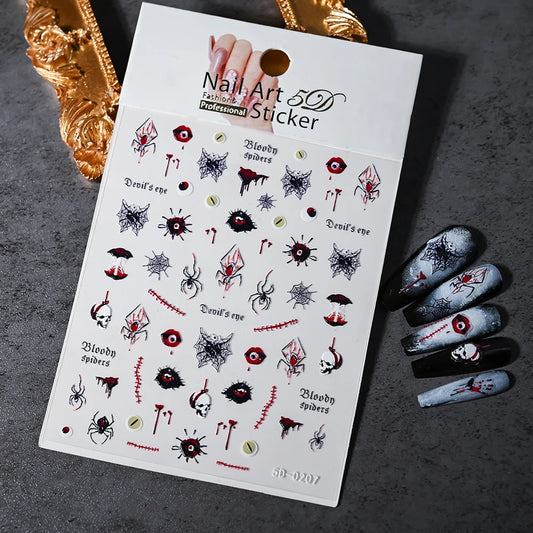 Nail art sticker sheet with Halloween-themed designs on a dark surface.