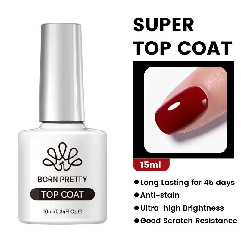 Nail Stamping Polish Born Pretty Super Top Coat bottle with nail application image and product features on a white background