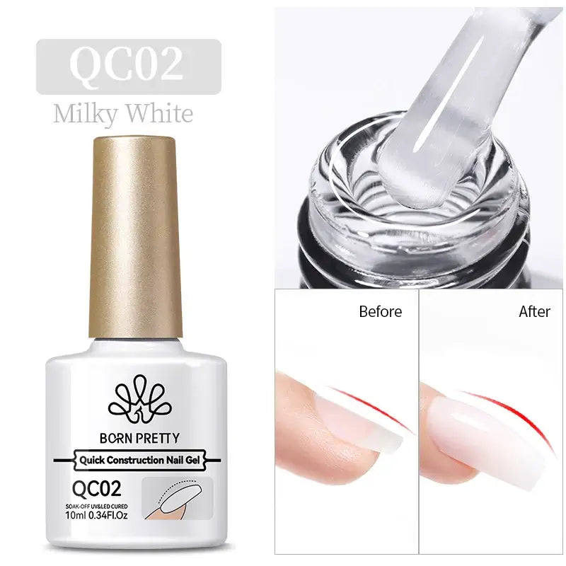 Nail Stamping Polish Born Pretty QC02 Milky White nail gel with application process and before/after effect on nails.