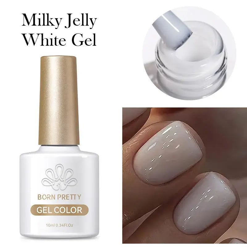 Nail Stamping Polish Born Pretty Milky Jelly White Gel with a close-up of the gel and nails painted with it.
