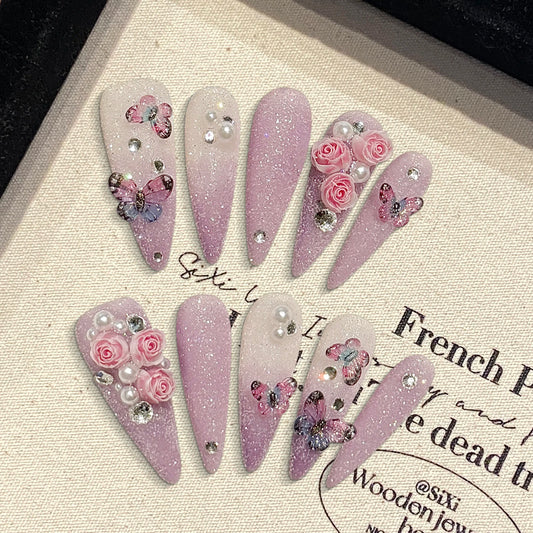 Handmade Glitter Butterfly Rose Long Almond Nails