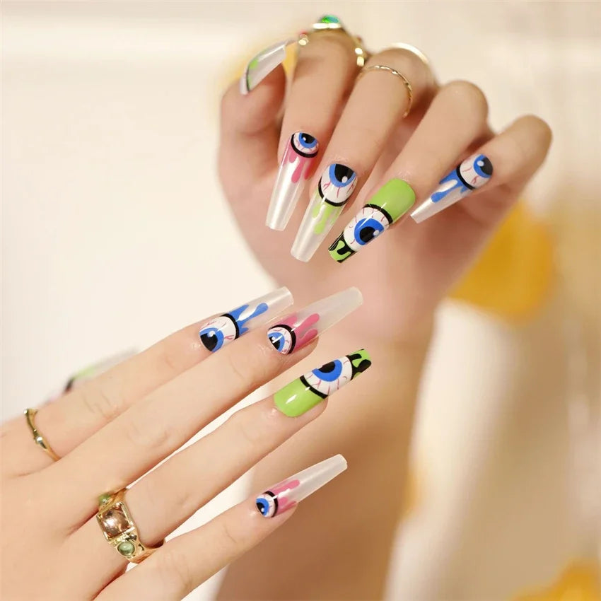 Halloween Round Acrylic Press On Nails – 24PCS Long Set