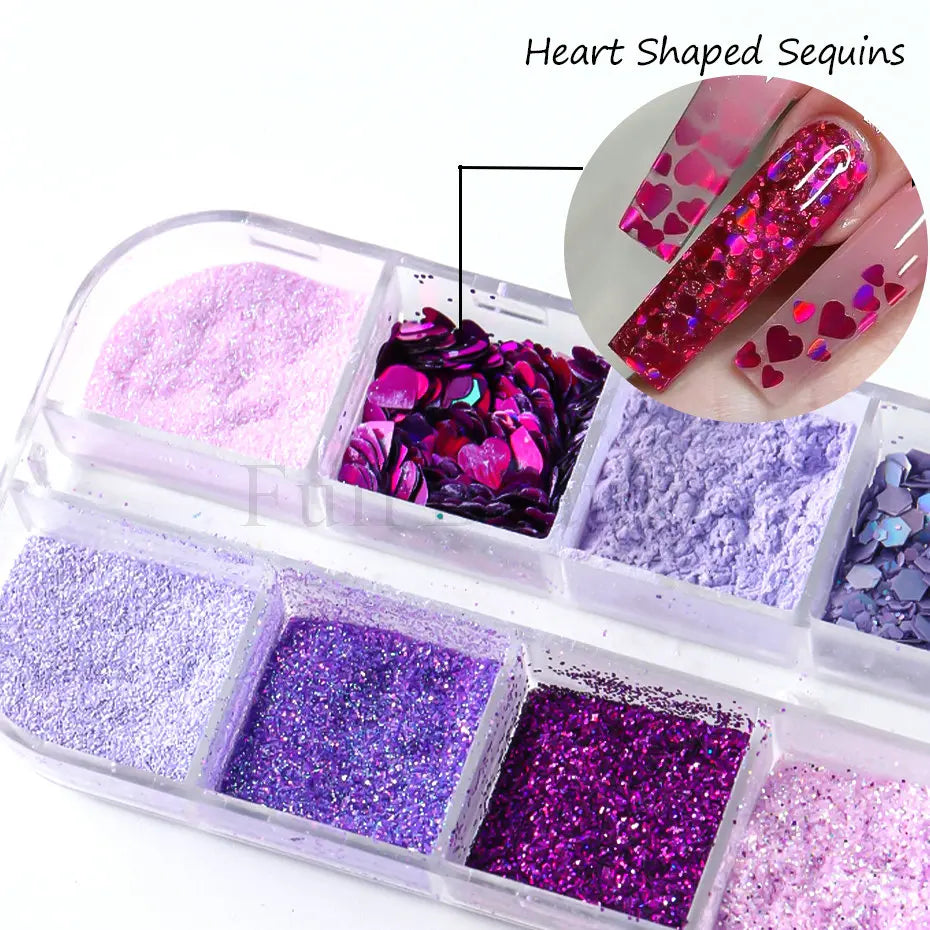 Purple Nail Glitter 12 Grids – Holographic Sugar Powder