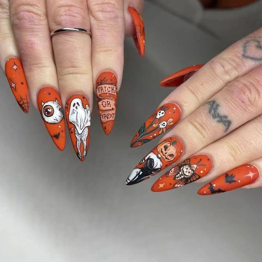 Halloween Press On Nails – Pumpkin Ghost Design - 24 Pc.