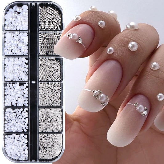 12 Grids White Nail Charms – Caviar Beads & Half Pearls