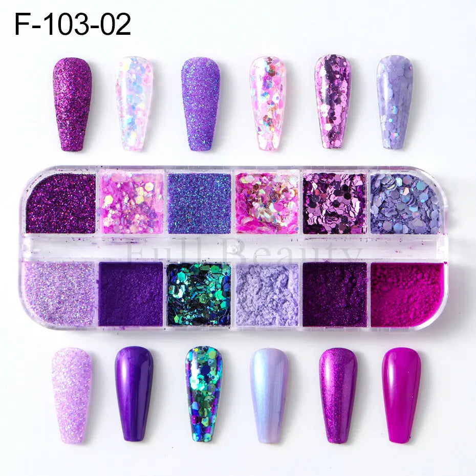 Purple Nail Glitter 12 Grids – Holographic Sugar Powder