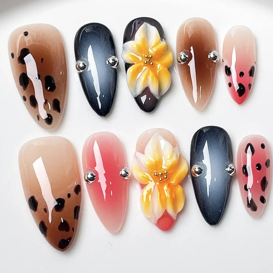 Colorful Press-On Nails – Flowers, Beads & Almond Tips