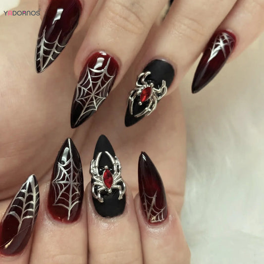 Halloween Fake Nails – 3D Metal Spider Almond Black & Red Press-On Nails