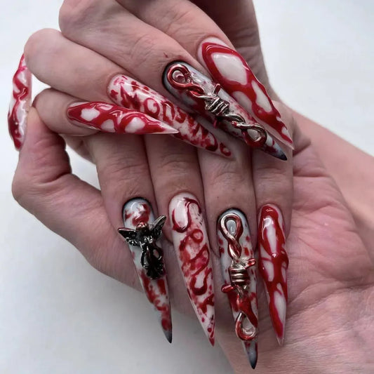 Halloween Press-On Nails – Witchy Purple Glitter & Bloody Ripple False Nails