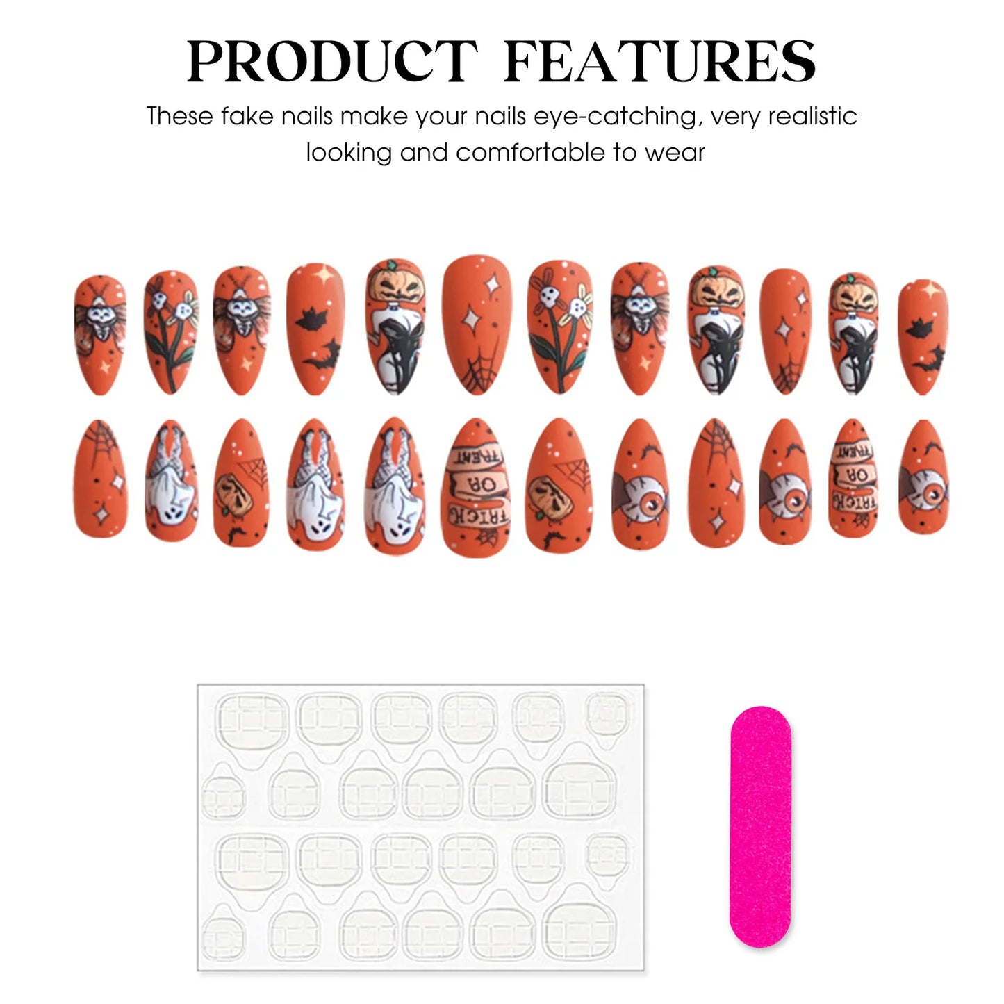 Halloween Press On Nails – Pumpkin Ghost Design - 24 Pc.