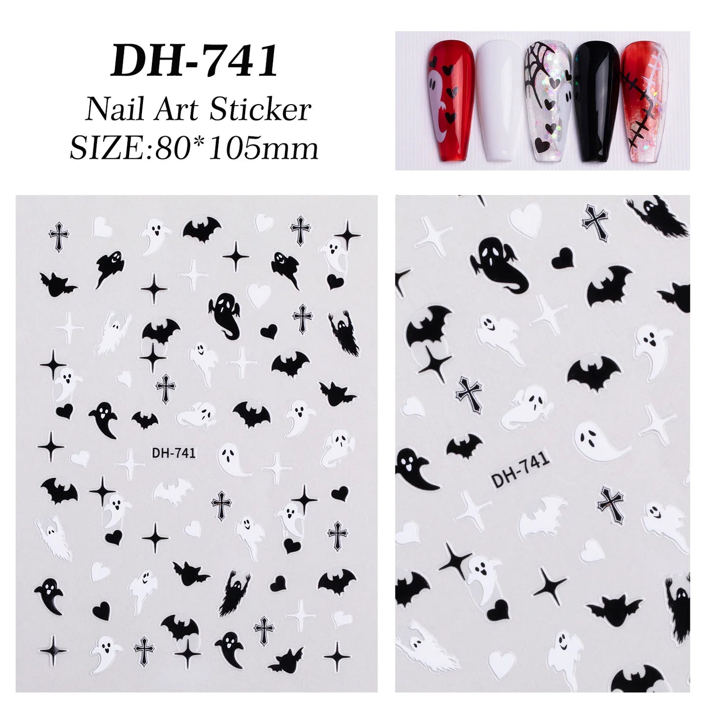 Nail art sticker sheet with Halloween-themed designs on a white background