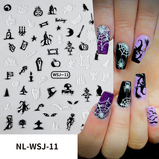 3D Halloween nail stickers with bats, ghosts, and pumpkins for festive nail art