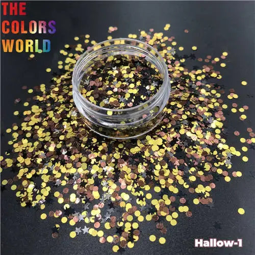 Clear container with colorful glitter on a black background, featuring 'The Colors World' text.