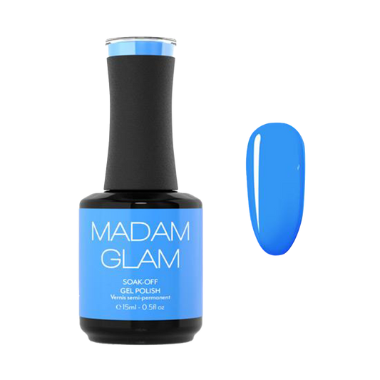 Blue gel polish bottle with a matching color swatch on a white background, featuring the brand 'Madam Glam'.