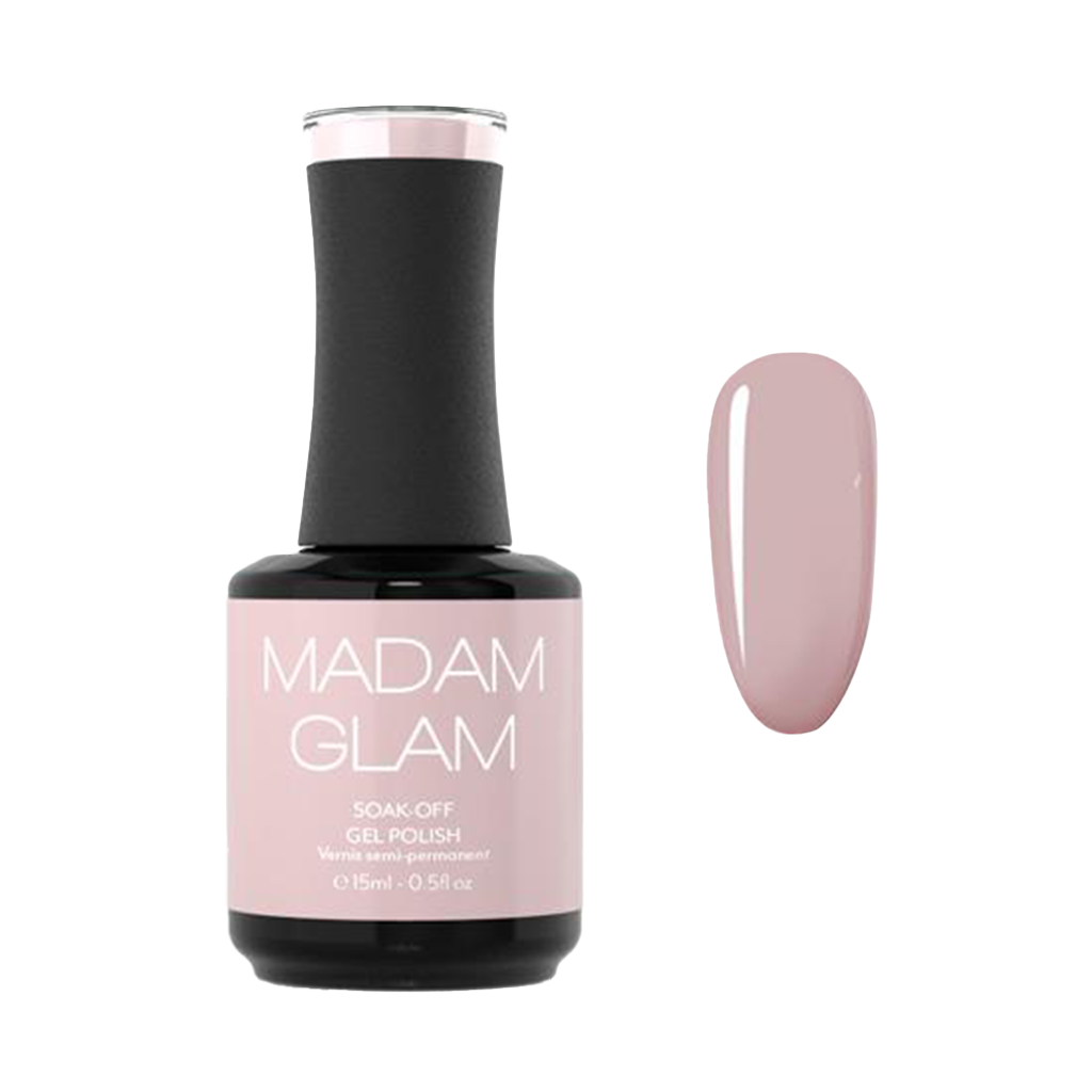 Madam Glam gel polish bottle with a swatch on a white background