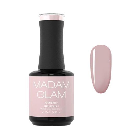 Madam Glam gel polish bottle with a swatch on a white background