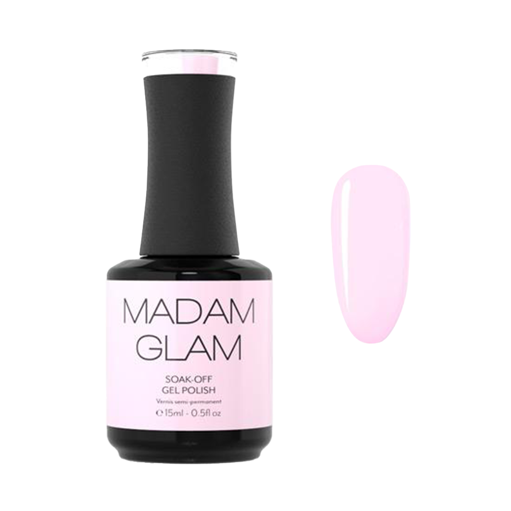 Madam Glam soak-off gel polish bottle with a pink nail color swatch on a white background