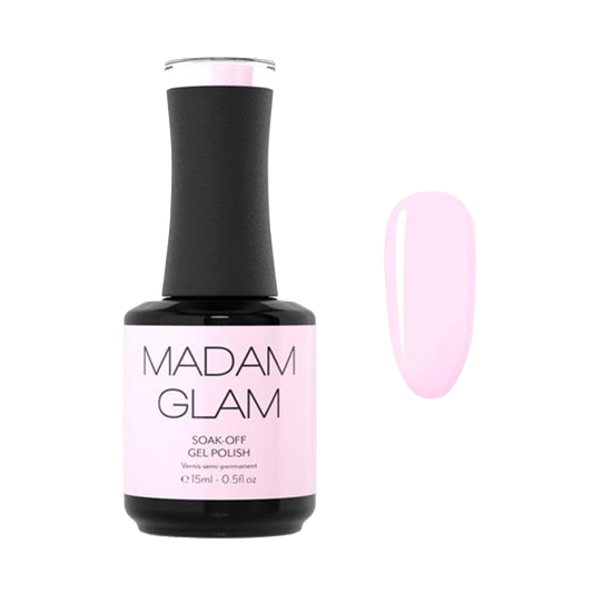 Madam Glam soak-off gel polish bottle with a pink nail color swatch on a white background