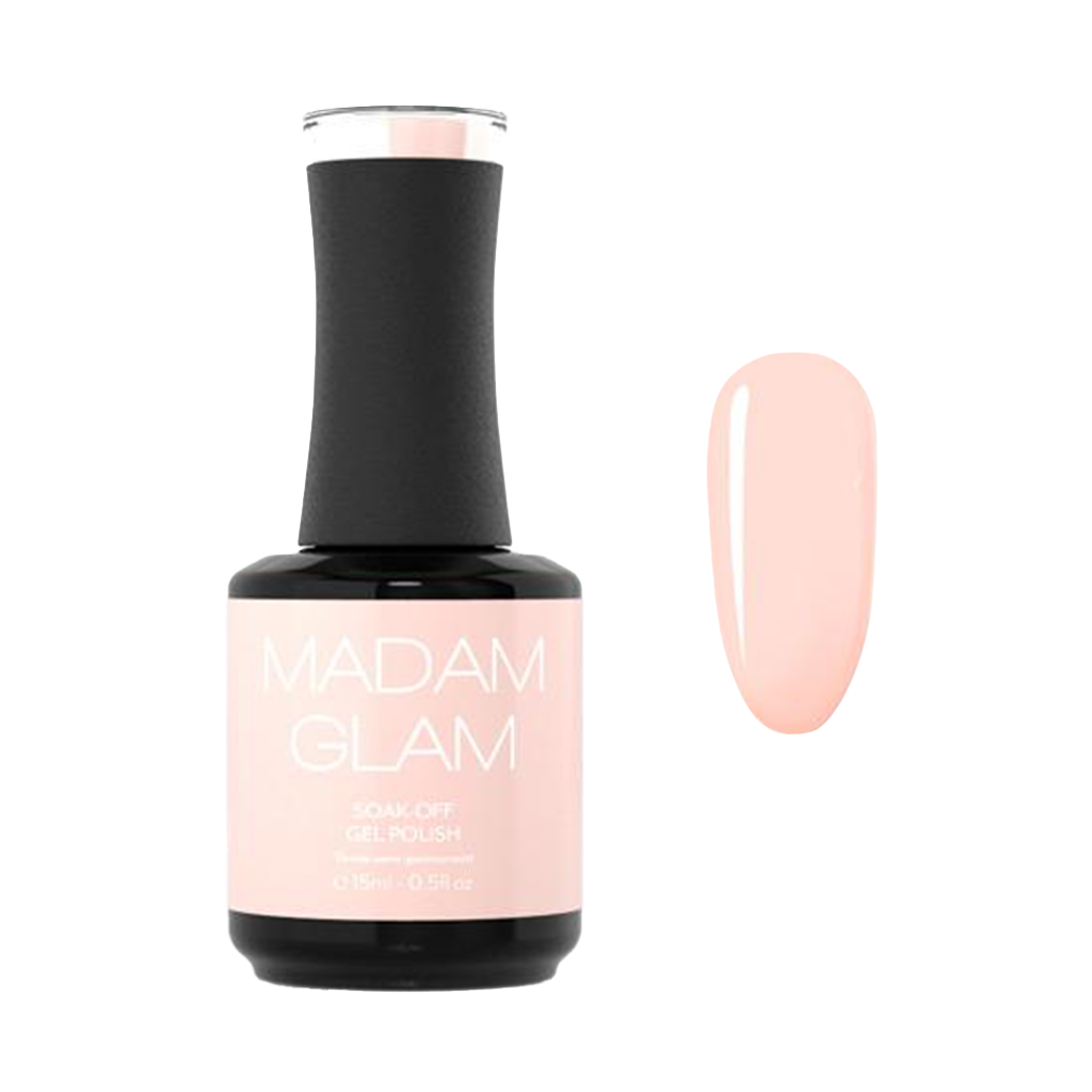 Pink nail polish bottle with 'Madam Glam' label on a white background