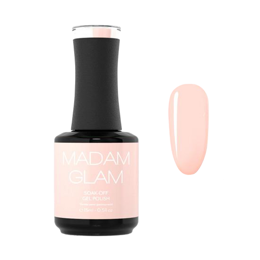 Pink nail polish bottle with 'Madam Glam' label on a white background