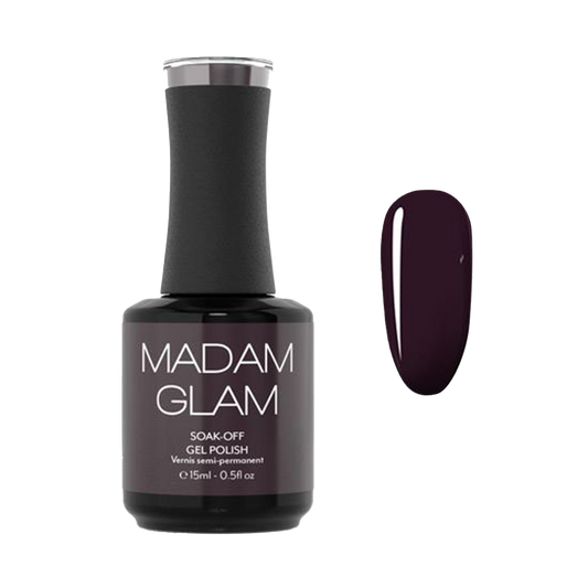 MADAM GLAM soak-off gel polish bottle with a swatch of dark purple nail color on a white background