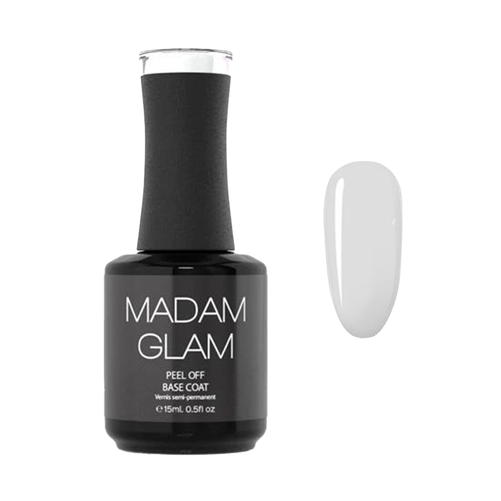 Black peel-off base coat bottle with a white cap and a swatch of white nail polish on a white background, branded 'Madam Glam'.