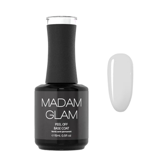 Black peel-off base coat bottle with a white cap and a swatch of white nail polish on a white background, branded 'Madam Glam'.