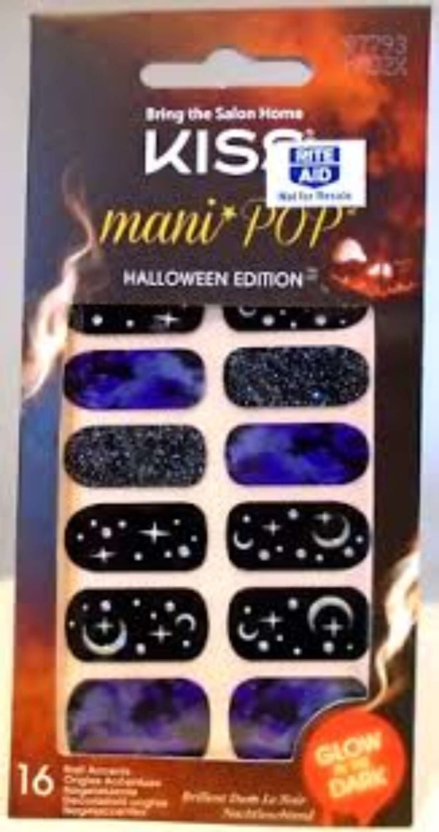 Kiss mani POP Halloween Edition nail art packaging with black and blue design.
