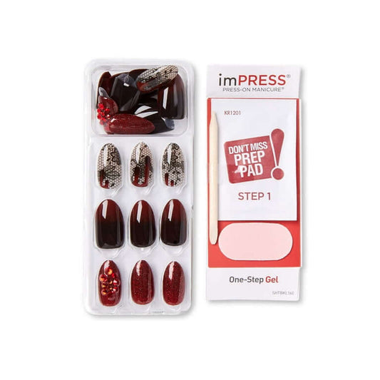 Set of press-on nails with a nail prep pad and one-step gel on a white background
