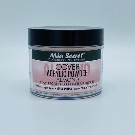 Jar of Mia Secret acrylic powder on a light gray background